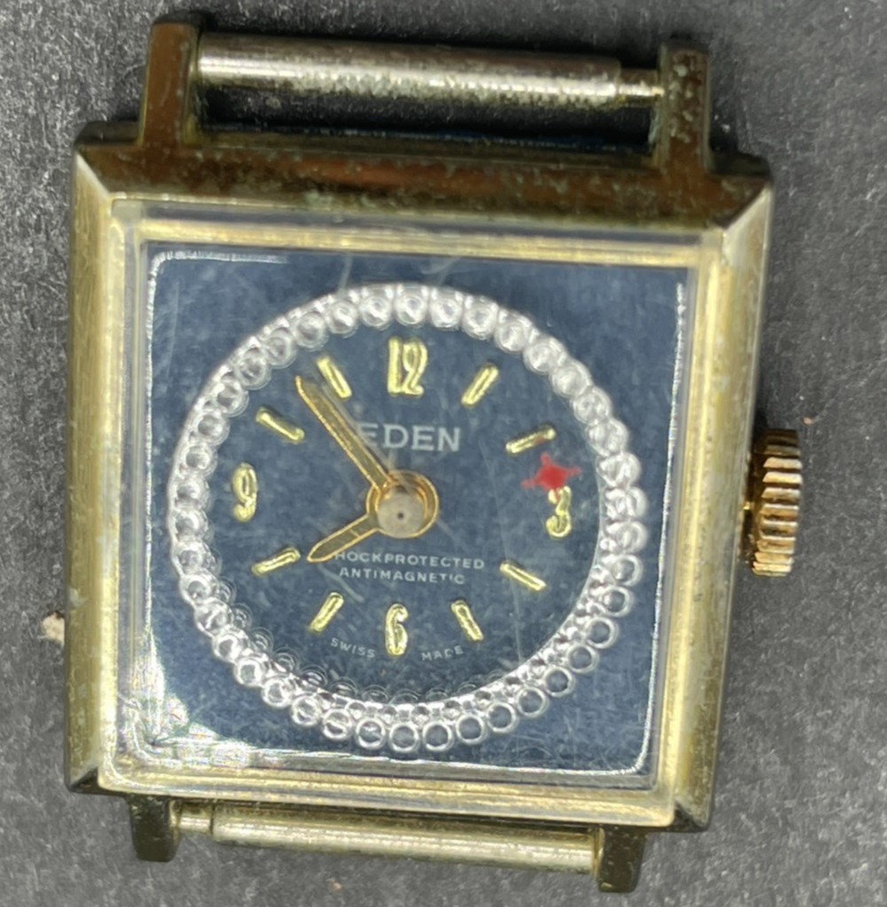 Vintage EDEN Watch Womens Gold Tone Stainless Steel Swiss Made Rhinestones Dial
